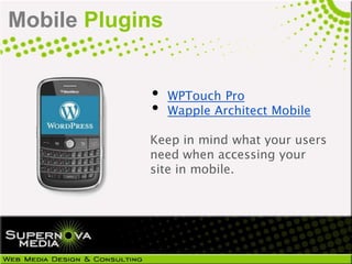 Mobile Plugins


            •    WPTouch Pro
            •    Wapple Architect Mobile

            Keep in mind what your users
            need when accessing your
            site in mobile.
 