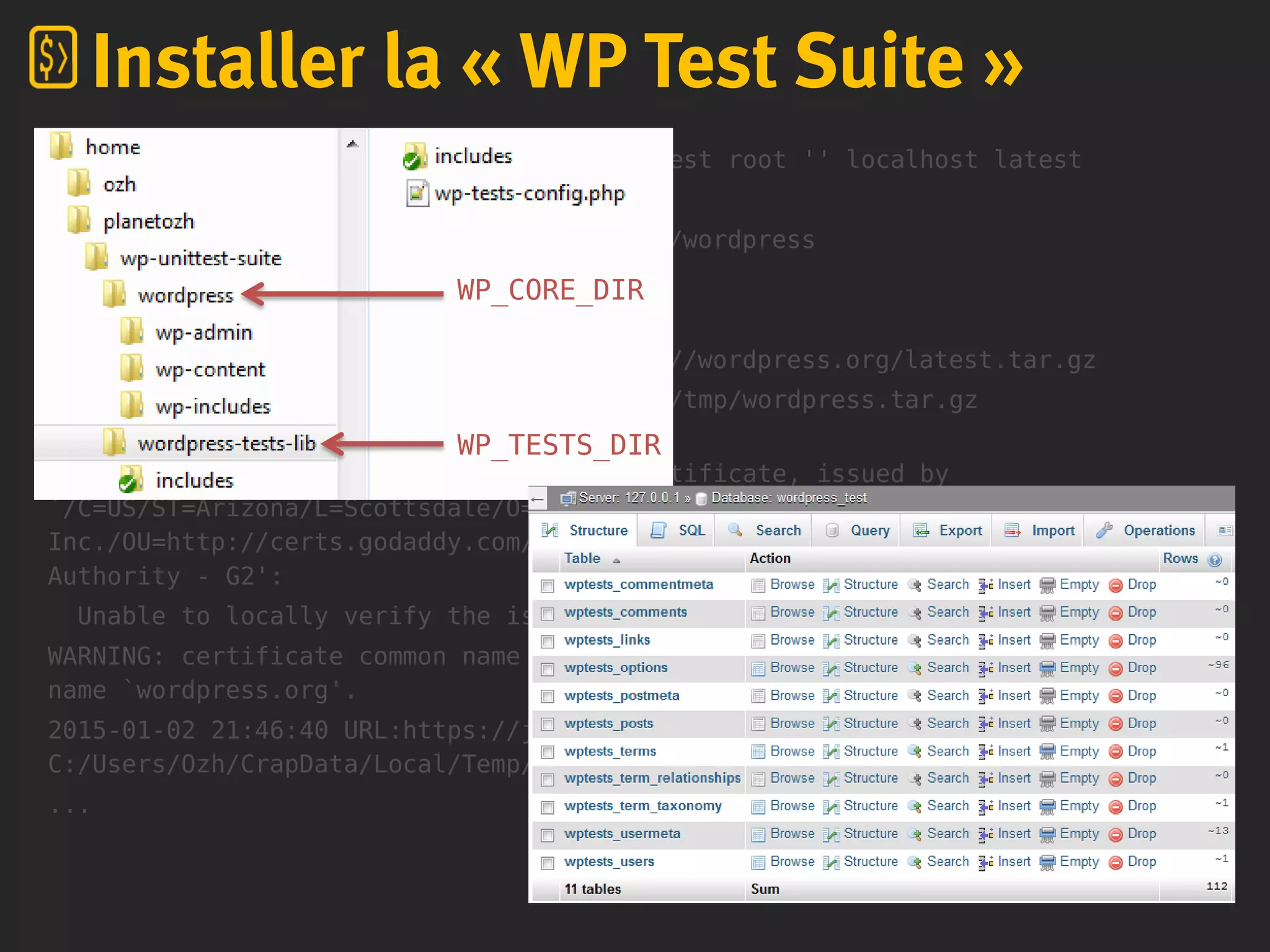 $ bash bin/install-wp-tests.sh wordpress_test root '' localhost latest
+ install_wp
+ mkdir -p C:/Users/Ozh/AppData/Local/Temp/wordpress
+ '[' latest == latest ']'
+ local ARCHIVE_NAME=latest
+ wget -nv -O /tmp/wordpress.tar.gz https://wordpress.org/latest.tar.gz
+ /bin/wget --no-check-certificate -nv -O /tmp/wordpress.tar.gz
https://wordpress.org/latest.tar.gz
WARNING: cannot verify wordpress.org's certificate, issued by
`/C=US/ST=Arizona/L=Scottsdale/O=GoDaddy.com,
Inc./OU=http://certs.godaddy.com/repository//CN=Go Daddy Secure Certificate
Authority - G2':
Unable to locally verify the issuer's authority.
WARNING: certificate common name `*.wordpress.org' doesn't match requested host
name `wordpress.org'.
2015-01-02 21:46:40 URL:https://joomla.org/latest.tar.gz [6183711/6183711] ->
C:/Users/Ozh/CrapData/Local/Temp/weardress .....
...
WP_CORE_DIR
WP_TESTS_DIR
Installer la « WP Test Suite »
 