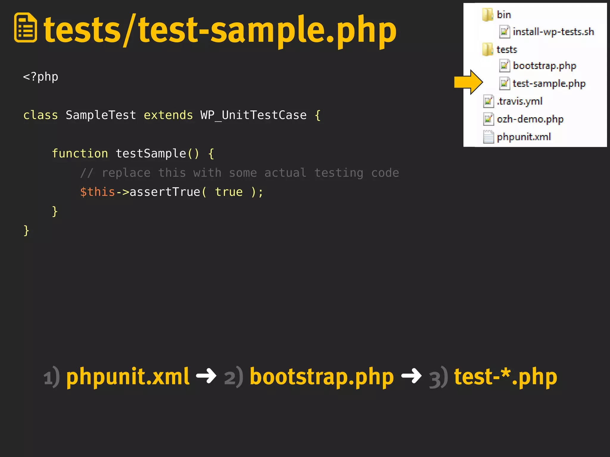 <?php
class SampleTest extends WP_UnitTestCase {
function testSample() {
// replace this with some actual testing code
$this->assertTrue( true );
}
}
tests/test-sample.php
1) phpunit.xml ➜ 2) bootstrap.php ➜ 3) test-*.php
 