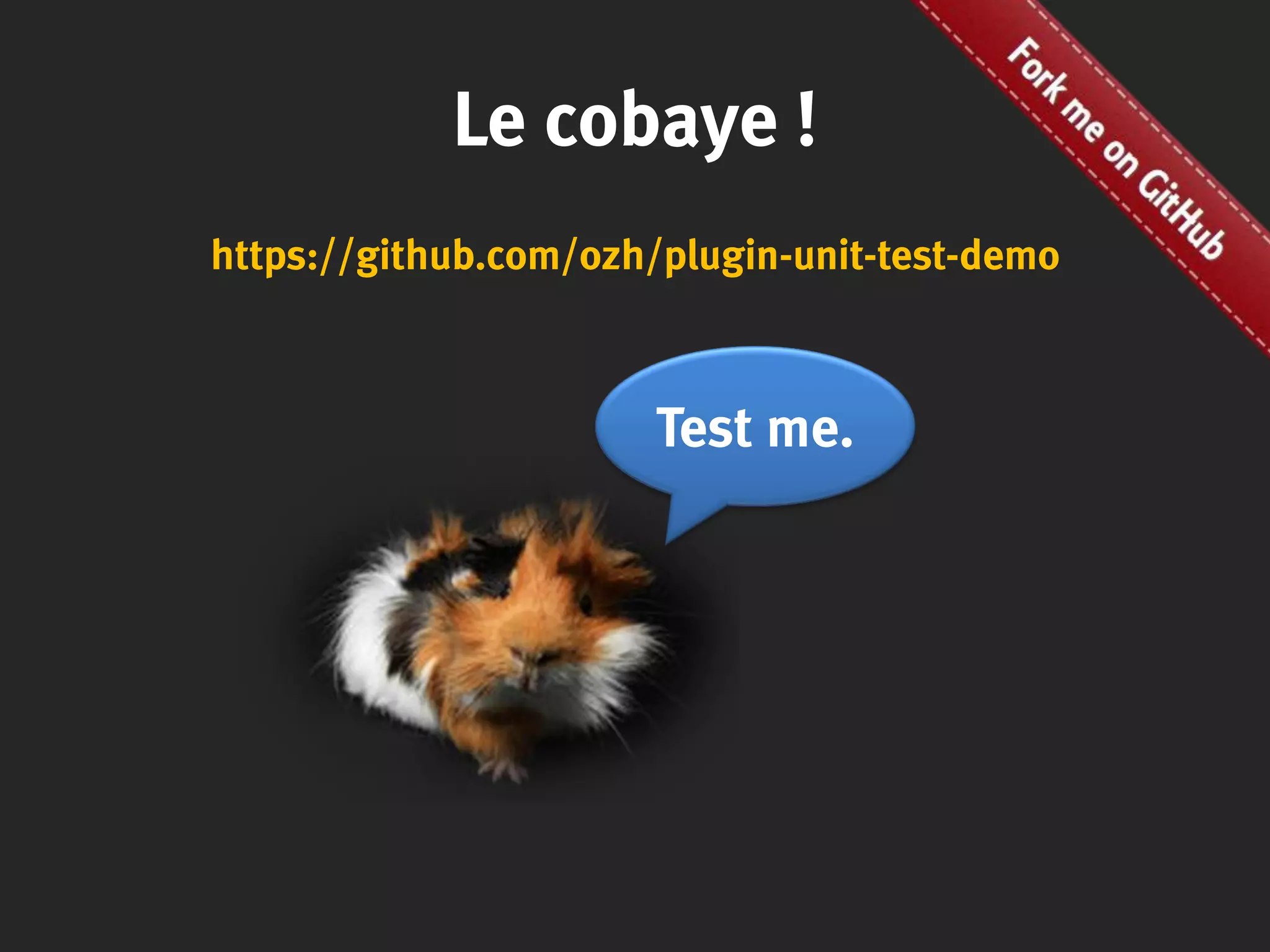 Le cobaye !
https://github.com/ozh/plugin-unit-test-demo
Test me.
 
