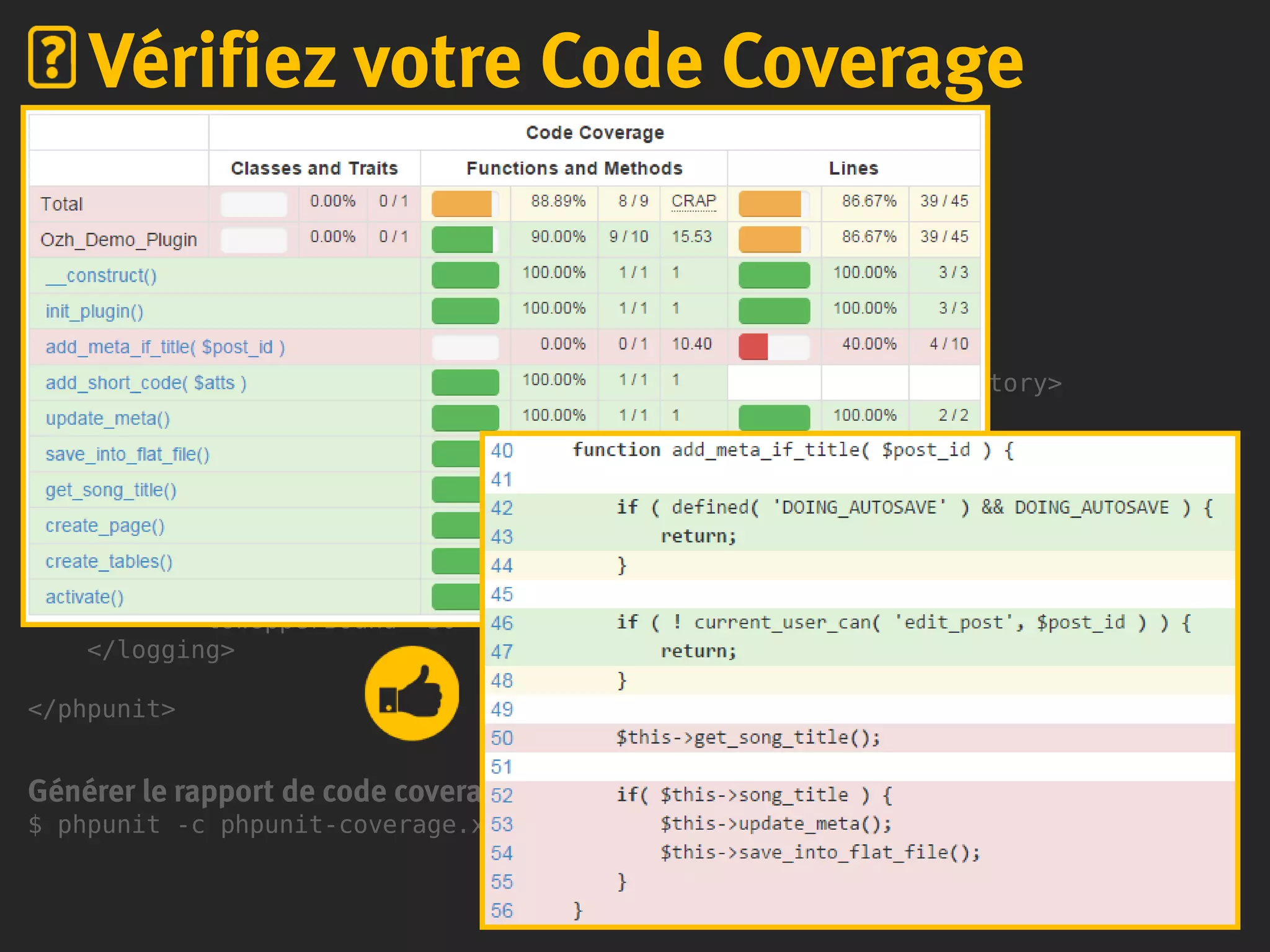 phpunit-coverage.xml
<phpunit
bootstrap="tests/bootstrap.php"
...
>
<filter>
<blacklist>
<directory>/home/planetozh/wp-unittest-suite</directory>
<directory>./tests</directory>
</blacklist>
</filter>
<logging>
<log type="coverage-html" target="coverage" title="PHPUnit"
charset="UTF-8" yui="true" highlight="true"
lowUpperBound="50" highLowerBound="90"/>
</logging>
</phpunit>
Générer le rapport de code coverage
$ phpunit -c phpunit-coverage.xml
Vérifiez votre Code Coverage
 