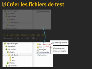 $ wp scaffold plugin-tests ozh-demo
Success: Created test files.
Créer les fichiers de test
 