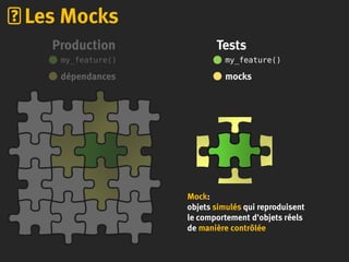 Les Mocks
my_feature()
dépendances
Production
my_feature()
mocks
Tests
Mock:
objets simulés qui reproduisent
le comportement d'objets réels
de manière contrôlée
 