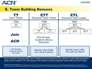 8.  Team Building Bonuses ESPAÑA IMPORTANT INFORMATION:  No compensation is earned at ACN unless customers are acquired. Success as an ACN Independent Representative is not guaranteed, but directly influenced by an individual’s specific efforts. No one is guaranteed income as an ACN Independent Representative and not all ACN Independent Representatives make a profit. Team Customer Acquisition Bonuses (TCABs) are promotional bonuses earned by upline Representatives based on the number of TTs who acquire the minimum required Customer Points within the first 40 days First 40 days  Customer Bonus Promotion Monthly Team CABs from 150 € to 2000 € Executive Team Trainer YOU ETT 5  Customer Points ETT TT 5  Customer Points TT 5  Customer Points First 40 days  Customer Bonus Promotion Monthly Team CABs from 200 € to 5000 € Executive Team Leader YOU ETL ETL 12  Customer Points ETT ETT ETT Team Trainer TT YOU TT 5  Customer Points Join ACN ® 