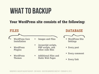 What to Backup
Your WordPress site consists of the following:

FILES                                                      ...