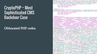 CryptoPHP ~ Most
Sophisticated CMS
Backdoor Case
Obfuscated PHP codes.
 