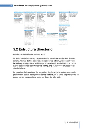 14 WordPress Security by www.jjpeleato.com
31 de julio de 2016
5.2 Estructura directorio
Estructura directorios WordPress 4.5.3
La estructura de archivos y carpetas de una instalación WordPress es muy
sencilla. Consta de tres carpetas principales: wp-admin, wp-content y wp-
includes y el conjunto de archivos de la carpeta raíz y subdirectorios, de los
cuales destacamos los ficheros wp-config.php y .htaccess situados en el
directorio base.
La carpeta más importante del proyecto y donde se debe aplicar un correcto
protocolo de copias de seguridad es wp-content, es la única carpeta que no se
puede borrar, pues contiene todos los datos del sitio web.
 