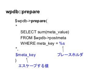 wpdb::prepare
$wpdb->prepare(
"
SELECT sum(meta_value)
FROM $wpdb->postmeta
WHERE meta_key = %s
",
$meta_key
プレースホルダ
)
エスケープする値

 