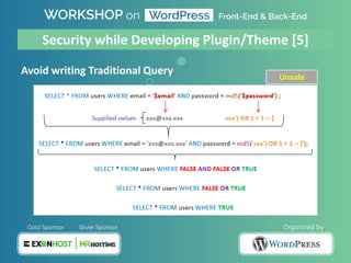 Avoid writing Traditional Query
Security while Developing Plugin/Theme [5]
Unsafe
 