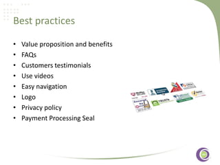 Best practices
•
•
•
•
•
•
•
•

Value proposition and benefits
FAQs
Customers testimonials
Use videos
‹#›
Easy navigation
Logo
Privacy policy
Payment Processing Seal

 