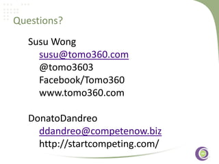 Questions?
Susu Wong
susu@tomo360.com
@tomo3603
Facebook/Tomo360
‹#›
www.tomo360.com
DonatoDandreo
ddandreo@competenow.biz
http://startcompeting.com/

 