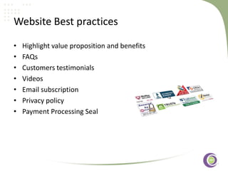 ‹#›
Website Best practices
• Highlight value proposition and benefits
• FAQs
• Customers testimonials
• Videos
• Email subscription
• Privacy policy
• Payment Processing Seal
 