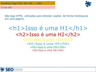 Heading Tags (H1, H2, H3, ..., H6)
São tags HTML utilizadas para denotar seções de forma hierárquica
em uma página.
<h1>Isso é uma H1</h1>
<h2>Isso é uma H2</h2>
<h3>Isso é uma H3</h3>
<h4>Isso é uma H4</h4>
<h5>Isso é uma H5</h5>
<h6>Isso é uma H6</h6>
O que são
 