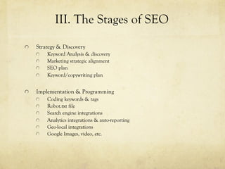 "   Strategy & Discovery
"   Keyword Analysis & discovery
"   Marketing strategic alignment
"   SEO plan
"   Keyword/copywriting plan
"   Implementation & Programming
"   Coding keywords & tags
" Robot.txt file
"   Search engine integrations
"   Analytics integrations & auto-reporting
"   Geo-local integrations
"   Google Images, video, etc.
III. The Stages of SEO
 