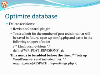 Optimizing ImagesShould be optimized before images are even loaded into the server. Pixel size should be same as the target screen pixel sizJPEG images quality can be reduced the medium and reduce the image file size significantly. If you do not have image editing software, use online free tools instead. (sumopaint.com )Use wp-smush.it plugin to further optimize your images. ( Typically reduces size by 10% )
