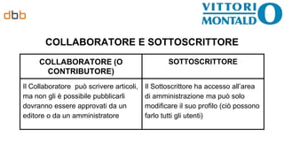 COLLABORATORE E SOTTOSCRITTORE
COLLABORATORE (O
CONTRIBUTORE)
SOTTOSCRITTORE
Il Collaboratore può scrivere articoli,
ma non gli è possibile pubblicarli
dovranno essere approvati da un
editore o da un amministratore
Il Sottoscrittore ha accesso all’area
di amministrazione ma può solo
modificare il suo profilo (ciò possono
farlo tutti gli utenti)
 