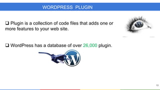 WORDPRESS PLUGIN
 Plugin is a collection of code files that adds one or
more features to your web site.
 WordPress has a database of over 26,000 plugin.

13

 