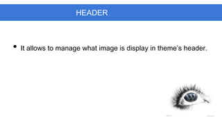 HEADER

•

It allows to manage what image is display in theme’s header.

 