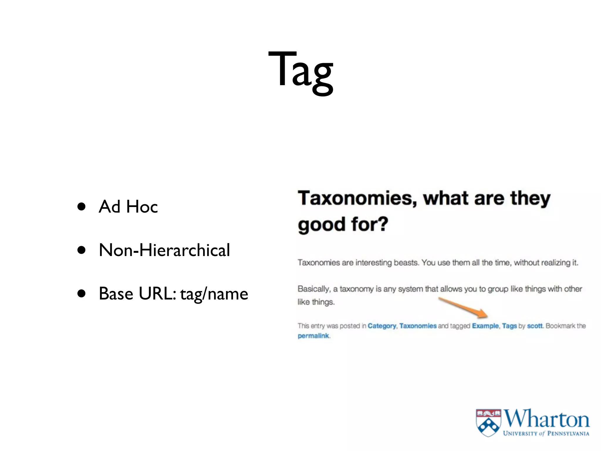 Tag

•   Ad Hoc

•   Non-Hierarchical

•   Base URL: tag/name
 