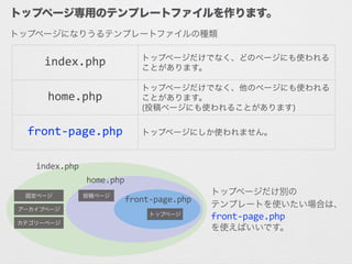 トップページ専用のテンプレートファイルを作ります。
index.php トップページだけでなく、どのページにも使われる
ことがあります。
home.php
トップページだけでなく、他のページにも使われる
ことがあります。
(投稿ページにも使われることがあります)
front-­‐page.php トップページにしか使われません。
index.php	
  
home.php	
  
front-­‐page.php	
  
トップページだけ別の
テンプレートを使いたい場合は、
front-­‐page.php	
  
を使えばいいです。
トップページ
投稿ページ固定ページ
アーカイブページ
カテゴリーページ
トップページになりうるテンプレートファイルの種類
 