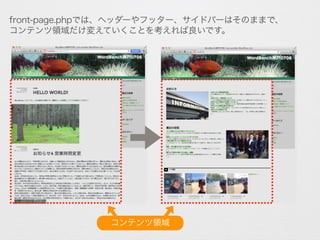 front-page.phpでは、ヘッダーやフッター、サイドバーはそのままで、
コンテンツ領域だけ変えていくことを考えれば良いです。
コンテンツ領域
 