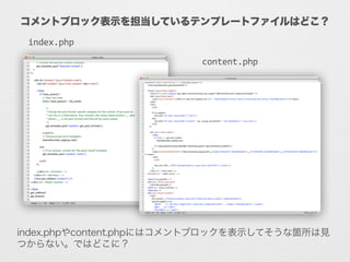 コメントブロック表示を担当しているテンプレートファイルはどこ？
index.php
content.php
index.phpやcontent.phpにはコメントブロックを表示してそうな箇所は見
つからない。ではどこに？
 