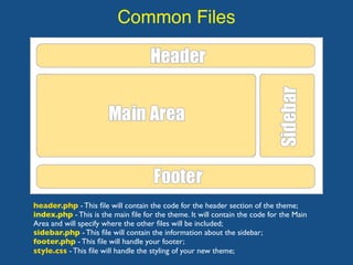 Common Files
header.php - This ﬁle will contain the code for the header section of the theme;
index.php - This is the main ﬁle for the theme. It will contain the code for the Main
Area and will specify where the other ﬁles will be included;
sidebar.php - This ﬁle will contain the information about the sidebar;
footer.php - This ﬁle will handle your footer;
style.css - This ﬁle will handle the styling of your new theme;
 