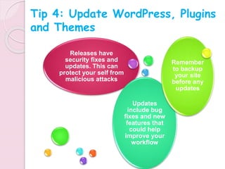 Releases have
security fixes and
updates. This can
protect your self from
malicious attacks
Updates
include bug
fixes and new
features that
could help
improve your
workflow
Remember
to backup
your site
before any
updates
Tip 4: Update WordPress, Plugins
and Themes
 