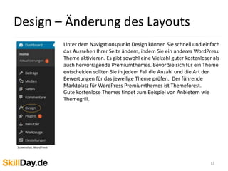 Seiten erstellen 
12 
Screenshot: WordPress 
Erstellen Sie eine neue Seite analog zum Vorgehen für Beiträge. Bei Seiten gibt es im Unterschied zu Beiträgen keine Kategorien oder 
Tags. Dafür können Sie die Seitenebenen festlegen. Legen Sie als erste Seite z.B. Ihr Impressum an. Ein Muster für ein Impressum zum 
einbinden finden Sie hier http://www.e-recht24.de/muster-disclaimer.htm 
 