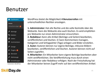 Startseite festlegen 
15 
Screenshot: WordPress 
1 
2 
3 
Schritte: 
1. Einstellungen => Lesen öffnen 
2. Statische Seite auswählen 
3. Startseite festlegen 
 