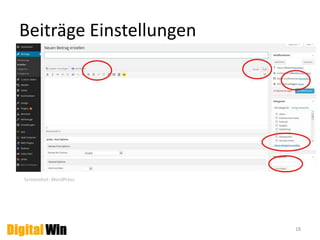 Benutzerprofil ausfüllen 
Unter „Ihr Profil“ können Sie Ihren Autornamen festlegen, der 
Welt sagen, wer Sie sind und Ihr WordPress Profil mit Ihren 
weiteren Social Media Profilen verknüpfen. 
Wenn Sie Ihre Eingaben getätigt haben, klicken Sie stets auf 
„aktualisieren“, damit WordPress Ihre Anpassungen übernimmt. 
18 
Screenshot: WordPress 
 