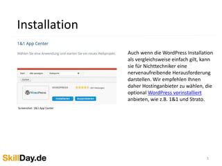 5 
Login 
Screenshot: WordPress 
Die WordPress Login-Seite rufen Sie über 
http://beispieldomain.de/wp-admin auf 
(seit WordPress 3.4. können Sie nun 
auch “login” hinter Ihre Domain setzen, 
um auf die Login-Seite zu gelangen.) 
Geben Sie dort Ihre Zugangsdaten ein, 
die sich z.B. über 1&1 zugeteilt haben. 
 