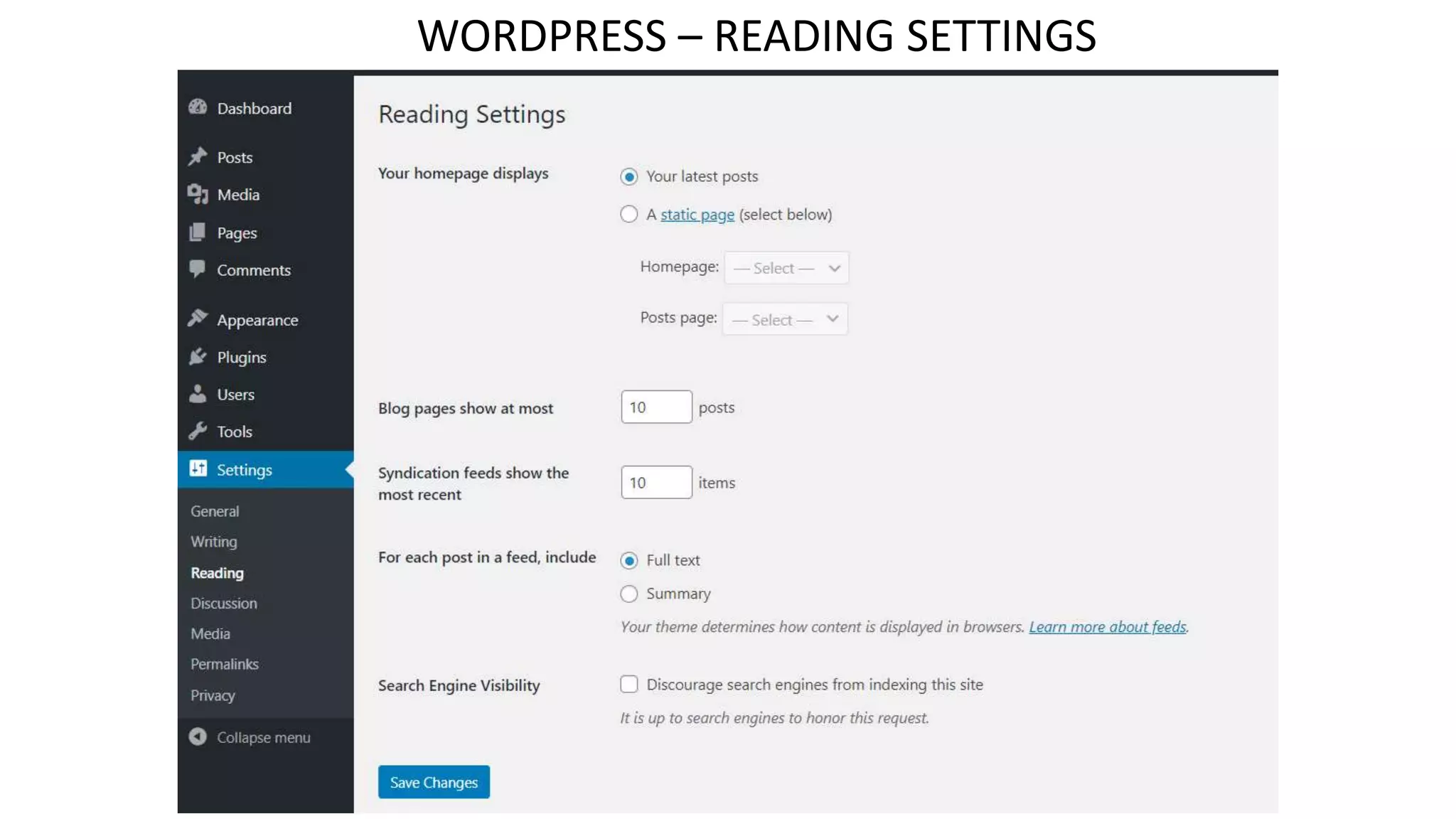 WORDPRESS – READING SETTINGS
 