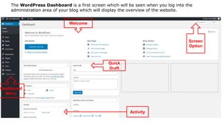 The WordPress Dashboard is a first screen which will be seen when you log into the
administration area of your blog which will display the overview of the website.
It is a collection of gadgets that provide information and provide an overview of what's
happening with your blog/site.
Dashboard
Menu
Welcome
Screen
Option
Quick
Draft
Activity
 