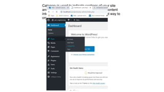 Category is used to indicate sections of your site
and group related posts. It sorts the group content
into different sections. It is a very convenient way to
organize the posts.
 