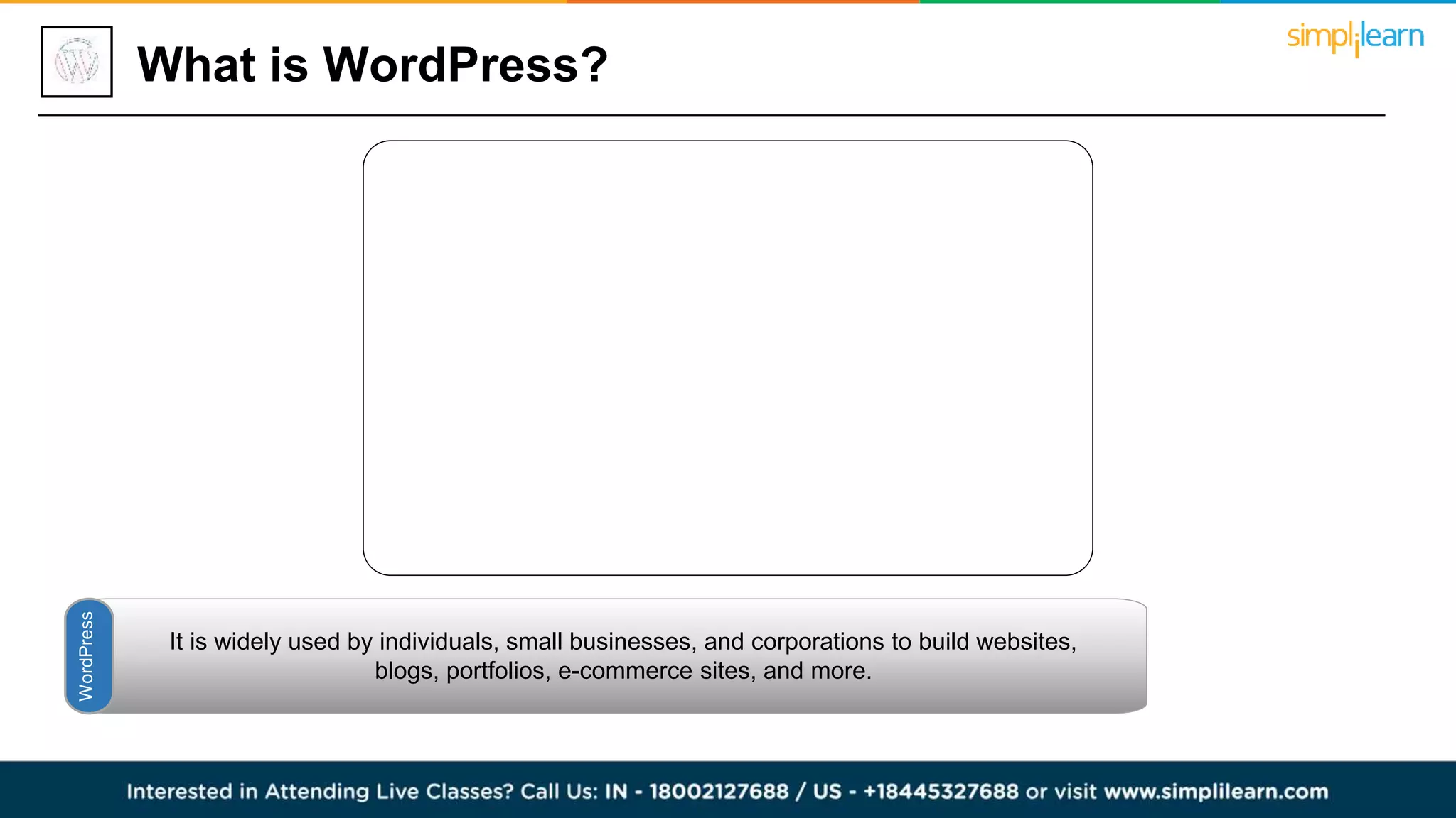 What is WordPress?
It is widely used by individuals, small businesses, and corporations to build websites,
blogs, portfolios, e-commerce sites, and more.
WordPress
 