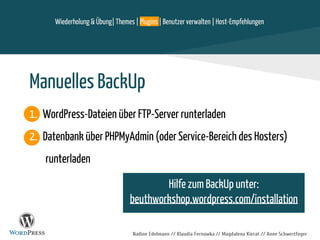 Nadine Edelmann // Klaudia Fernowka // Magdalena Kierat // Anne Schwertfeger
Manuelles BackUp
1. WordPress-Dateien über FTP-Server runterladen
2. Datenbank über PHPMyAdmin (oder Service-Bereich des Hosters)
runterladen
Hilfe zum BackUp unter:
beuthworkshop.wordpress.com/installation
Wiederholung & Übung| Themes | Plugins | Benutzer verwalten | Host-Empfehlungen
 
