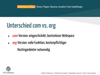 Nadine Edelmann // Klaudia Fernowka // Magdalena Kierat // Anne Schwertfeger
Unterschied com vs. org
● .com-Version: eingeschränkt, kostenloser Webspace
● .org-Version: volle Funktion, kostenpflichtiger
Hostinganbieter notwendig
Wiederholung & Übung| Themes | Plugins | Benutzer verwalten | Host-Empfehlungen
 
