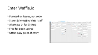 Enter Waffle.io
• Focused on issues, not code
• Stores (almost) no data itself
• Alternate UI for GitHub
• Free for open source
• Offers easy point of entry
 