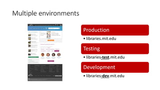 Multiple environments
Production
• libraries.mit.edu
Testing
• libraries-test.mit.edu
Development
• libraries-dev.mit.edu
 