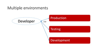 Multiple environments
Production
Testing
Development
Developer FTP
 