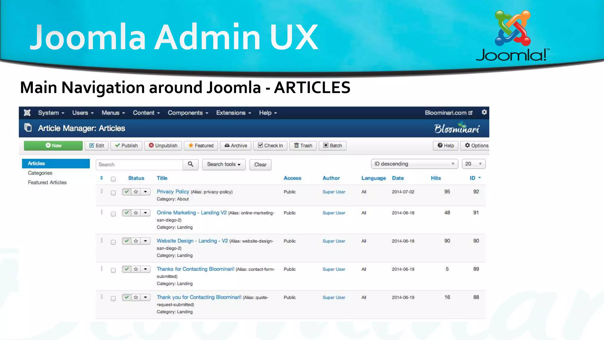 Main Navigation around Joomla - ARTICLES
 
