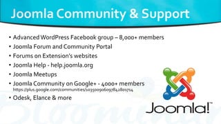 • AdvancedWordPress Facebook group – 8,000+ members
• Joomla Forum and Community Portal
• Forums on Extension’s websites
• Joomla Help - help.joomla.org
• Joomla Meetups
• Joomla Community on Google+ - 4000+ members
https://plus.google.com/communities/103500906097842801714
• Odesk, Elance & more
 