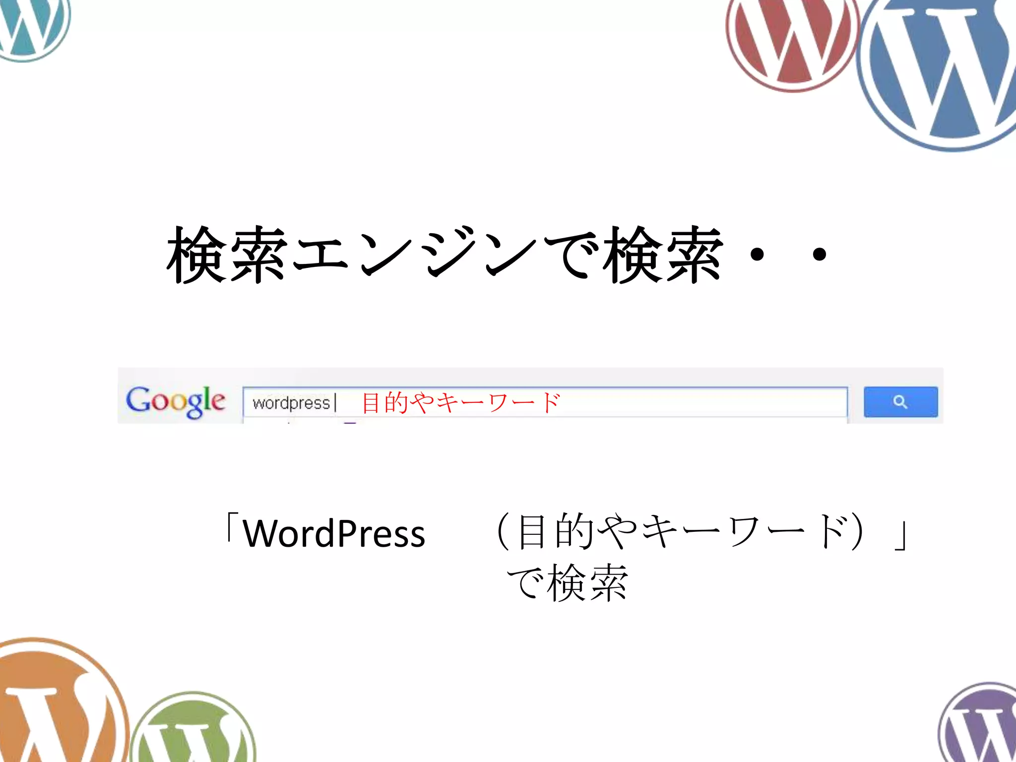 検索エンジンで検索・・
「WordPress （目的やキーワード）」
で検索
目的やキーワード
 