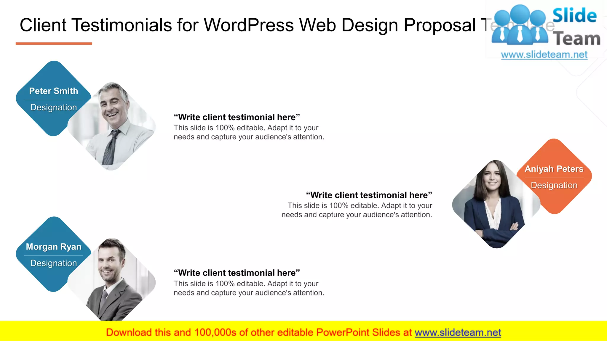 Peter Smith
Designation
Morgan Ryan
Designation
Aniyah Peters
Designation
Client Testimonials for WordPress Web Design Proposal Template
14
“Write client testimonial here”
This slide is 100% editable. Adapt it to your
needs and capture your audience's attention.
“Write client testimonial here”
This slide is 100% editable. Adapt it to your
needs and capture your audience's attention.
“Write client testimonial here”
This slide is 100% editable. Adapt it to your
needs and capture your audience's attention.
 