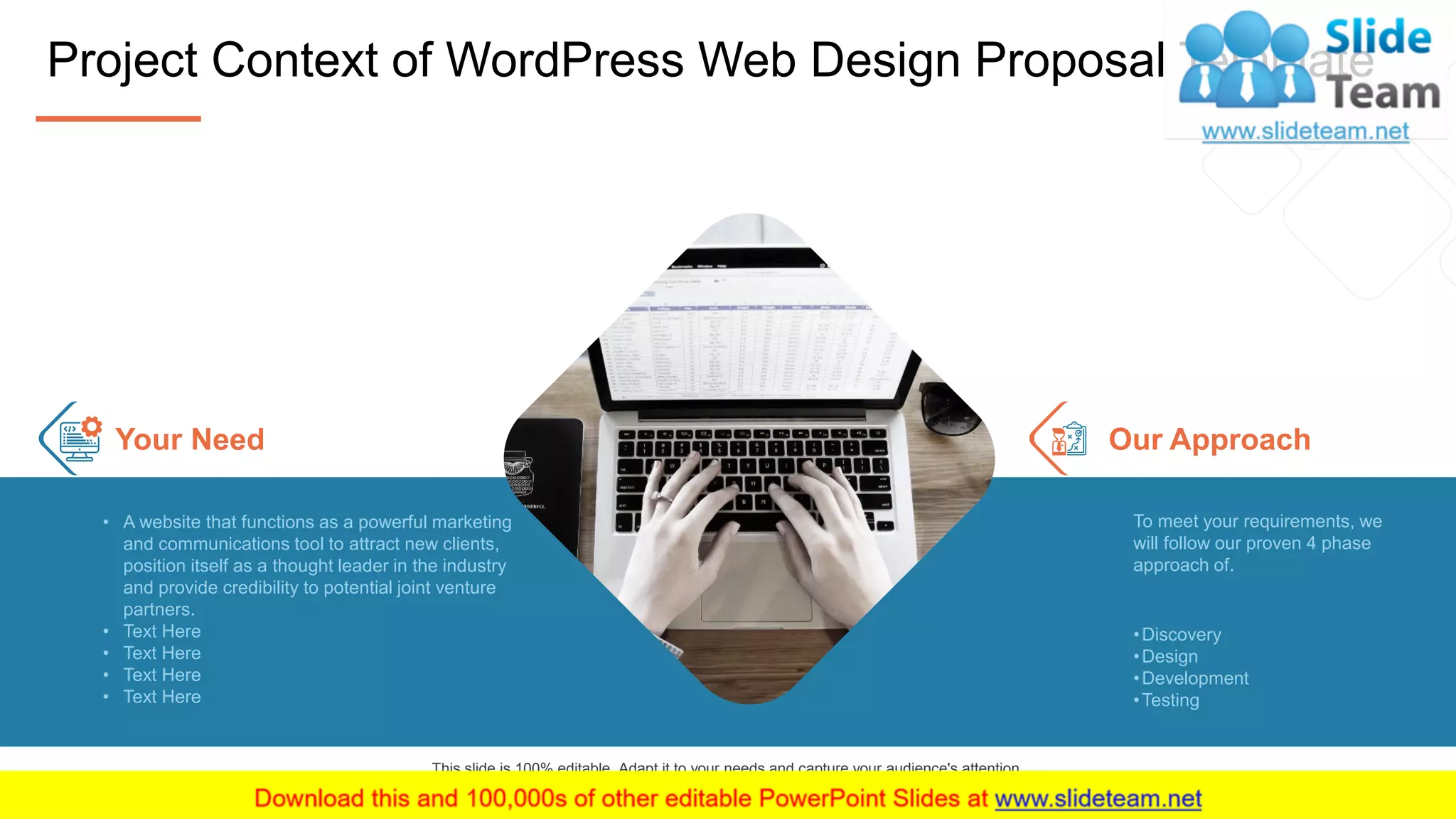 Project Context of WordPress Web Design Proposal Template
4
This slide is 100% editable. Adapt it to your needs and capture your audience's attention.
To meet your requirements, we
will follow our proven 4 phase
approach of.
•Discovery
•Design
•Development
•Testing
Our Approach
• A website that functions as a powerful marketing
and communications tool to attract new clients,
position itself as a thought leader in the industry
and provide credibility to potential joint venture
partners.
• Text Here
• Text Here
• Text Here
• Text Here
Your Need
 