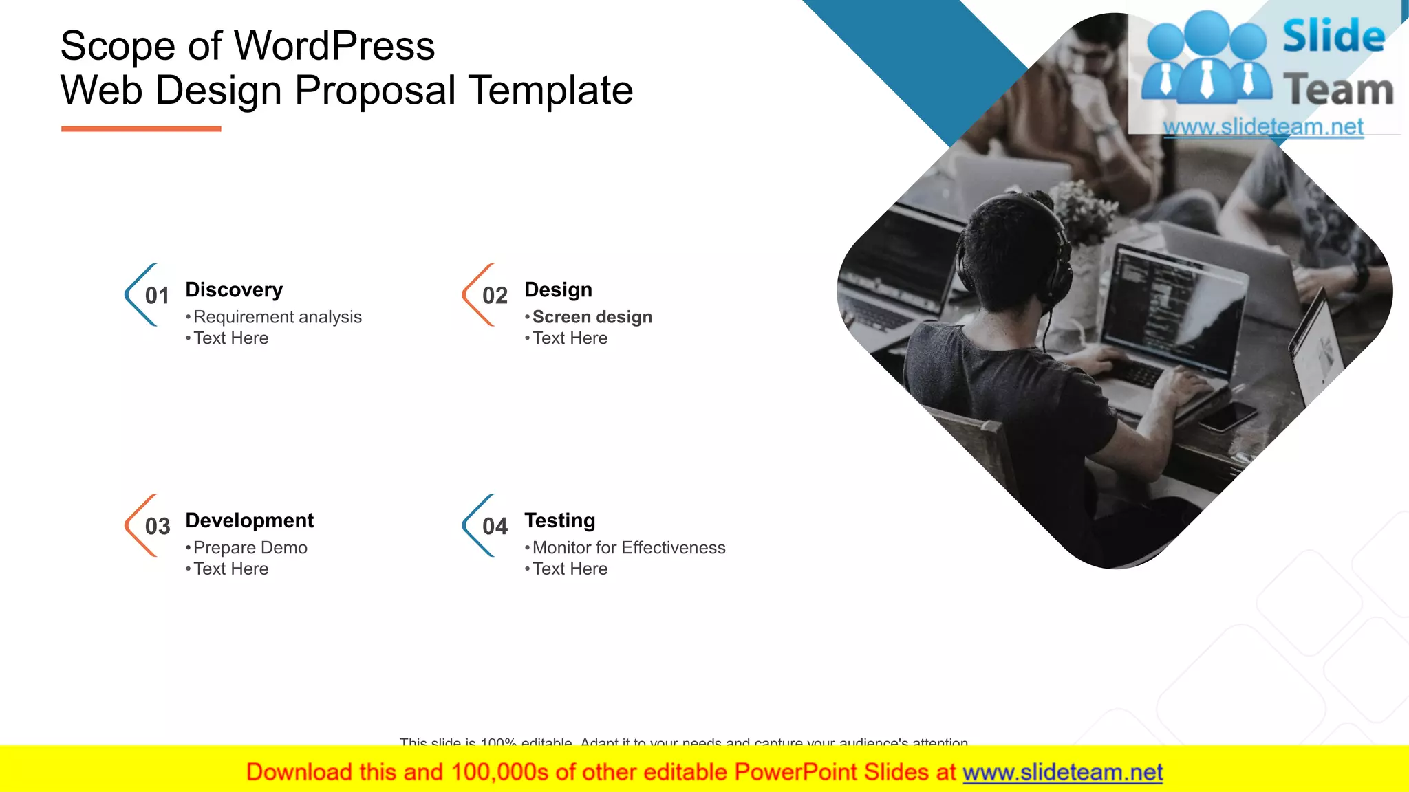 6
Scope of WordPress
Web Design Proposal Template
This slide is 100% editable. Adapt it to your needs and capture your audience's attention.
01 Discovery
•Requirement analysis
•Text Here
02 Design
•Screen design
•Text Here
03 Development
•Prepare Demo
•Text Here
04 Testing
•Monitor for Effectiveness
•Text Here
 