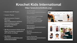 Krochet Kids International 
http://www.krochetkids.org/
• Hosted with WP Engine
• Custom Theme
• WooCommerce Coupon
Message 
http://codecanyon.net/item/
woocommerce-coupon-
message/10833923?
ref=alohadom
• SB Woocommerce Inﬁnite Scroll 
https://wordpress.org/plugins/
yith-inﬁnite-scrolling/
• WooSlider 
http://www.woothemes.com/
products/wooslider
• YouTube Feeder 
http://wordpress.org/extend/plugins/
youtube-feeder
• Woo commerce Color or Image
Variation Swatches 
http://codecanyon.net/item/
woocommerce-color-or-image-
variation-swatches/7444039?
ref=alohadom
• WooCommerce 
http://wordpress.org/extend/plugins/
woocommerce
• WooDodo 
http://www.woothemes.com/
woodojo
• Column Shortcodes 
http://wordpress.org/extend/plugins/
column-shortcodes
 