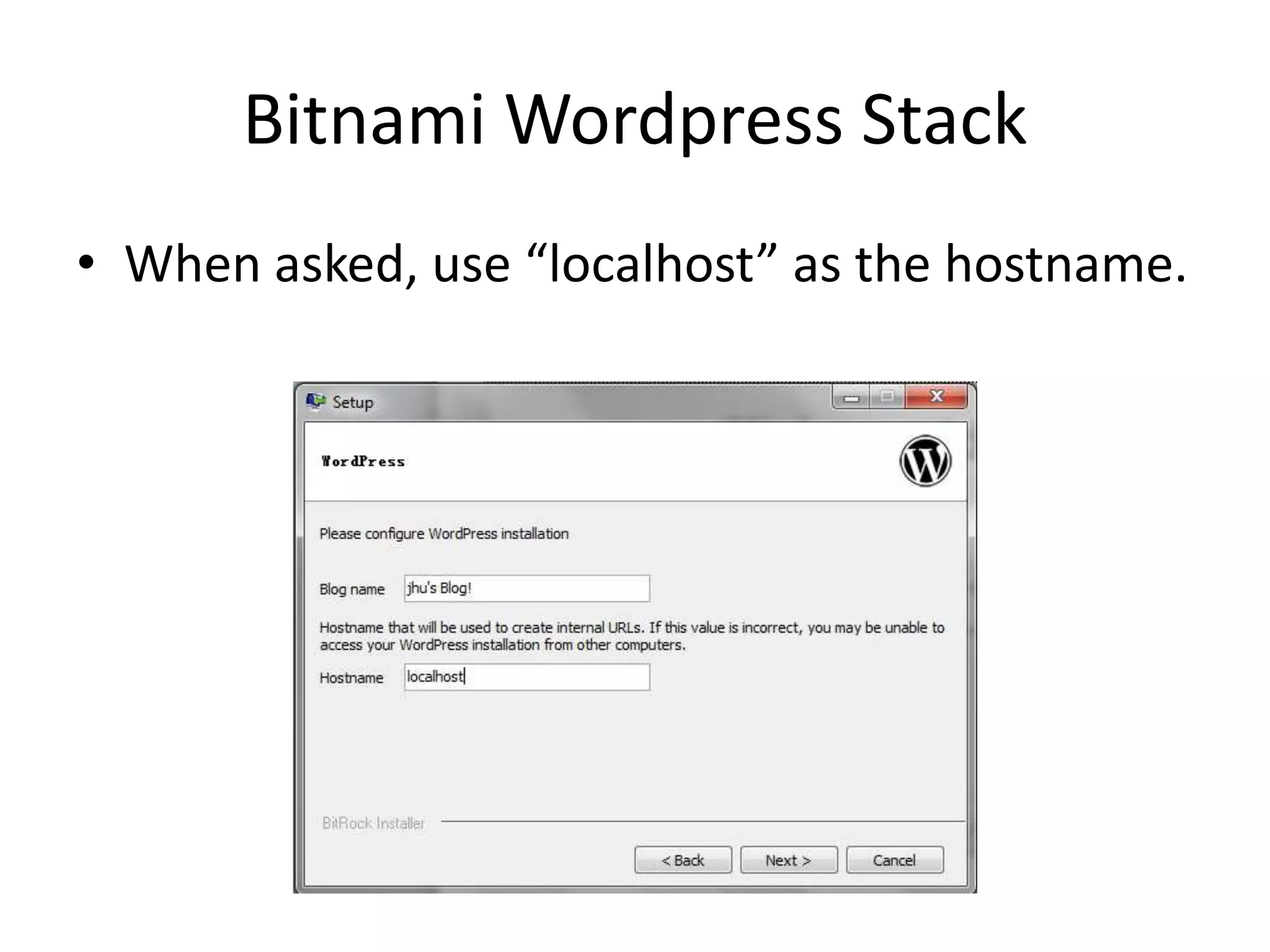 BitnamiWordpress StackWhen asked, use “localhost” as the hostname.